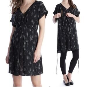 Seraphine Sz 12 Black Woven Printed Maternity Nursing Dress Crepe Back Tie Work